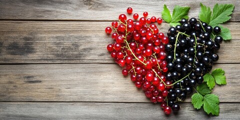 Poster - Black currants and red currants arranged in a heart shape on a wooden table.