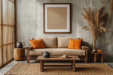 Interior design of stylish and elegant room with brown sofa, rattan armchair, wooden coffee tables, tea pot, mock up poster frame, decoration and personal accessories. Warm home decor, Generative AI