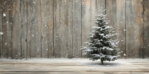 Poster - Christmas grunge wooden backdrop featuring a snow-covered fir tree. Perspective with copy space.