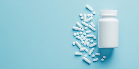 Aufkleber - Medication bottle and white pills scattered on a blue pastel background. Prescription medications and pills.