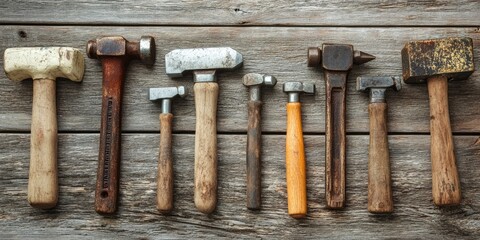 Poster - A collection of vintage hand tools for construction and carpentry, including hammers, arranged on a weathered wooden surface, evoking a retro theme.