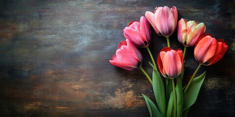 Poster - lovely tulips on aged dark wood surface