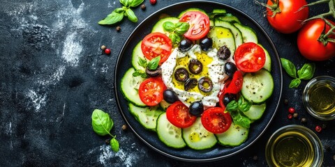 Poster - Greek salad featuring fresh cucumber, tomato, burrata cheese, and black olives drizzled with olive oil. Healthy food. Top view, flat lay.