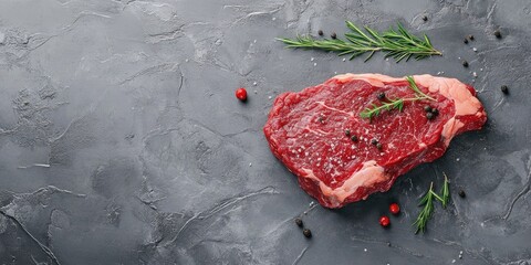 Poster - Raw ribeye beef steak seasoned with spices, Black Angus meat with flavorings, set against a gray stone background, top view.