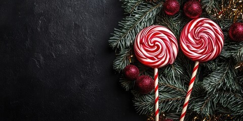 Aufkleber - Holiday banner - Two lollipops and fir placed inside round tinsel on a black background. Christmas banner, space for text.