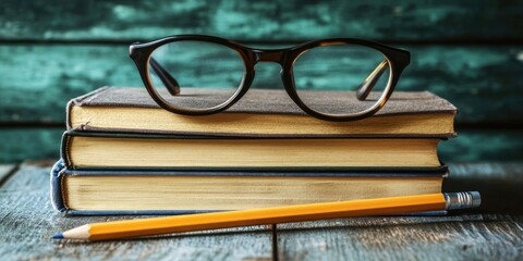 Poster - Engaging books, a pencil, and reading glasses. Concept of back to school, education, international book day, and leisure activity.