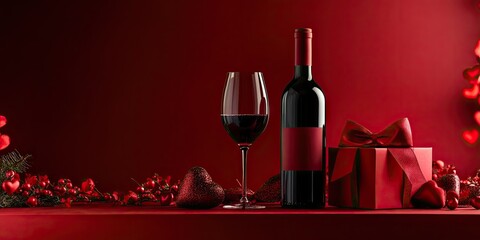 Aufkleber - Arrangement featuring a bottle of wine, glasses, and a gift for Valentine's Day on a red backdrop.