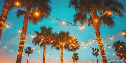 Poster - Close-up photo of palm trees with copy space Evening beach street featuring tall palm trees adorned with garlands.
