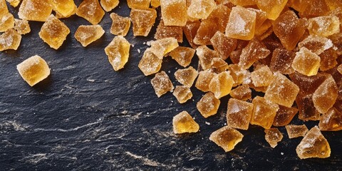 Poster - cane sugar, rock sugar, crystal pieces, candy, brown sugar, candied sugar, large rock caramel, eating, appetizer, meal, food snack on the table, copyspace, food background, rustic, top view