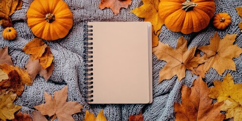 Aufkleber - Autumn background featuring dry leaves, pumpkins, and decorative notebooks on vintage fabric. Top view, autumn theme anticipating the upcoming Thanksgiving holiday.