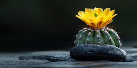 Poster - Astrophytum asterias Type V is a variety of cactus. It features a blooming yellow flower on a black stone. Vertical image, copyspace for text. Advertising concept ideas.