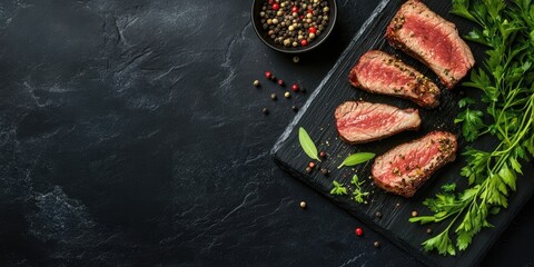 Poster - A cut of meat and sliced pieces on a black background and black wooden board, featuring herbs and pepper, with space for text.