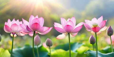 Poster - Lovely pink lotus flowers blooming against a backdrop of green space.