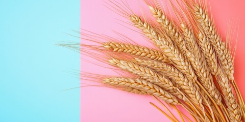 Poster - Close-up of a sheaf of wheat ears and seeds on a colorful background. Represents natural cereal plants and the harvest season. Top view, flat lay with copy space. Global wheat crisis.
