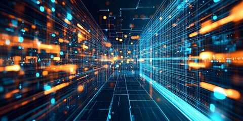 Abstract digital network with glowing lights.