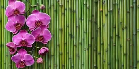 Poster - Purple orchid on bamboo backdrop, top view.