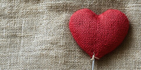 Aufkleber - Valentine's Day red heart emblem with a needle on a textured fabric sack background.
