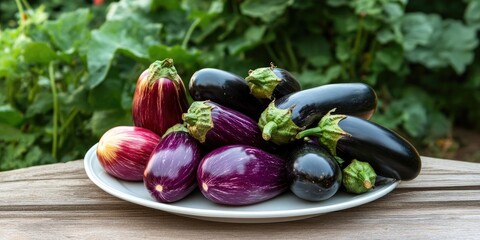 Poster - Various eggplants on a white plate placed on a wooden table in the vegetable garden. Genuine vegetable still life, autumn harvest.