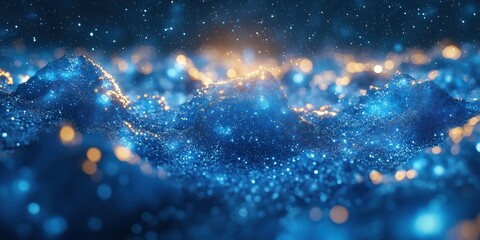 Creative blue digital wallpaper. Waves imitating sound waves with golden luminous particles. Technology, innovation and landing page concept. 3D rendering.