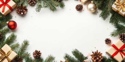 Wall Mural - Christmas arrangement featuring decorations, fir tree branches with ornaments, and gift boxes. Greeting card. Flat lay, top view, copyspace.