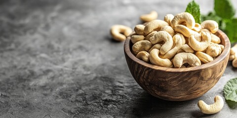 Poster - Cashew nuts in a wooden bowl with copyspace.