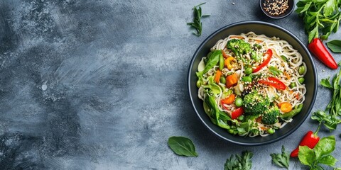 Poster - Lunch featuring udon noodles prepared with vegetables. Top view. Arrangement with copy space on a concrete background.