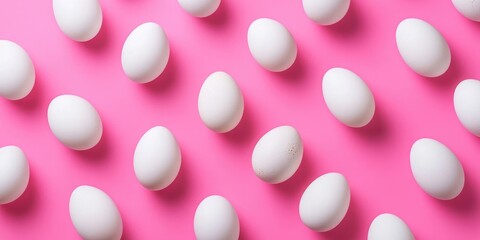 Poster - Food arrangement featuring white chicken eggs against a pink backdrop. Top view. Creative minimalist pattern. Flat lay.