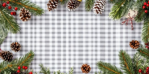Poster - Christmas New Year frame in flat lay style featuring a top view of Christmas decorations such as cones and fir branches on a checked background, with space for your text.
