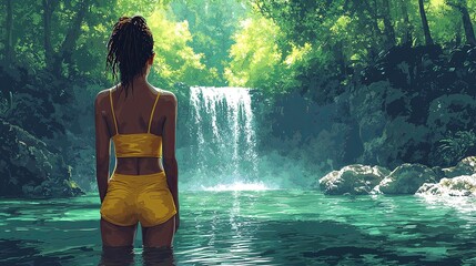 Young woman standing in serene waterfall pond surrounded by nature