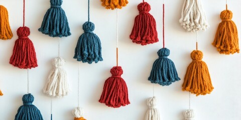 Poster - Hand-knitted needlework featuring tassels on a white background.