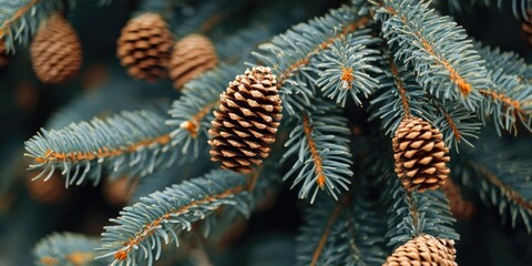 Fototapete - Green spruce branches with needles and numerous cones in winter. Many cones on the spruce tree. Fir tree. Background image featuring copyspace.