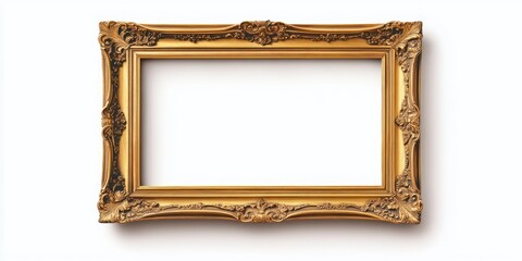 Poster - empty wide golden wooden picture frame with a cut-out canvas, set against a white background