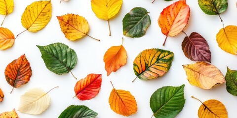 Poster - Texture, background, pattern. Autumn's multi-colored leaves against a white background.