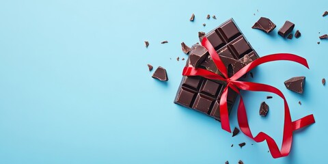 Poster - Chocolate pieces tied with a red ribbon against a blue background, copyspace. Idea of surprise, sweet gift, love, and romance.