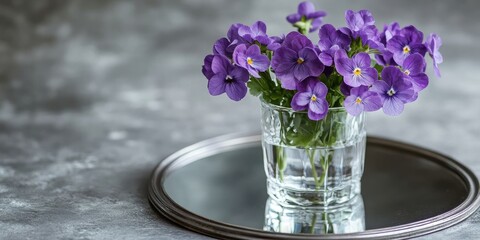 Poster - Violets arranged in a small glass vase on a mirror.