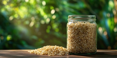 Poster - Brown rice in a glass jar on a table. Area for text.