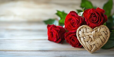 Aufkleber - The idea of Love, Wedding, Proposal, Anniversary, St. Valentine's Day, and Mother's Day, featuring stunning red velvet roses and a decorative woven heart in close-up against a light wooden backdrop.