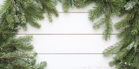 Poster - Spruce branches on a white wooden background.