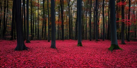 Poster - Autumn landscape photography, top photographer, mixed forests in autumn, vibrant leaves, separated into burgundy, red, and green, featuring a patterned carpet.