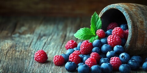 Poster - Blueberries or raspberries spilled from a pot onto a wooden background. Health and diet concept. Copyspace.