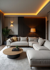 Poster - A sophisticated blend of style and functionality is crafted in the interior design of a stylish modern living room setting.