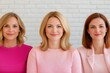 © Jane_S - Three smiling women, dressed in different shades of pink, standing together, radiating confidence and unity.