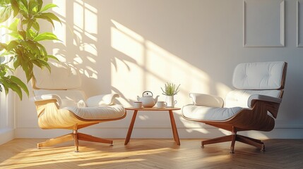 Cozy Living Room Scene with Stylish Chairs and Greenery