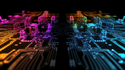 Colorful circuit board design, black background