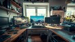 © MrBeer - Spacious cluttered desk in a bright office with three monitors shot with a wide-angle lens