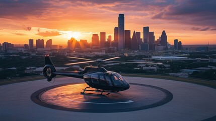 Helicopter sunset skyline view Houston, Texas, cityscape, vibrant colors