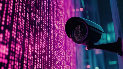 Poster - surveillance camera against digital binary code background, neon colors, technology