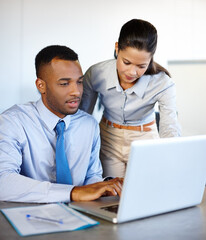 Aufkleber - Meeting, laptop and business people in office for planning, teamwork and collaboration. Corporate, professional and man and woman on computer for online feedback, website review and proposal report