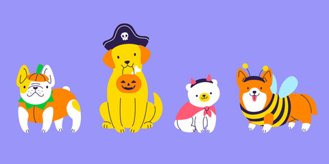 Wall Mural - set of the dogs in halloween costume. halloween puppies cartoon vector collection.