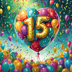 Balloon number 15, illustration for birthday or anniversary celebration, digital painting